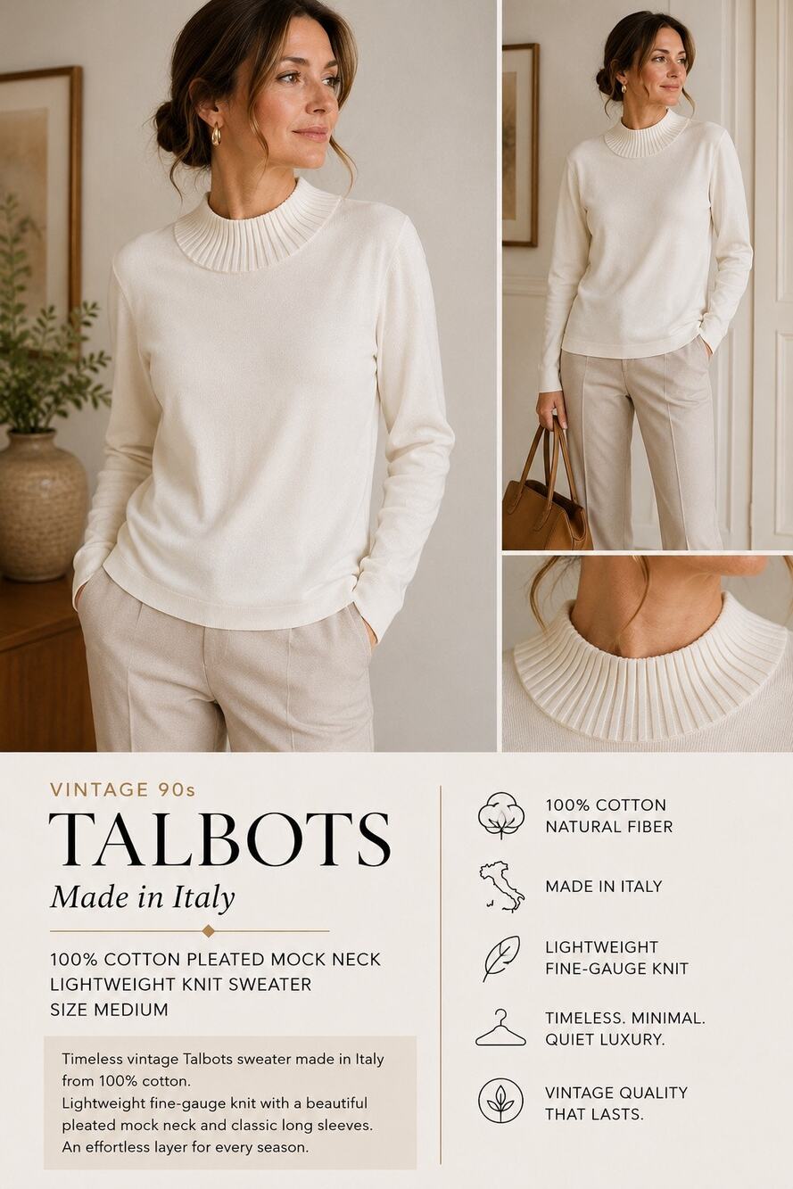 Vintage 90s Talbots Made in Italy 100% Cotton Ivory Mock Neck Sweater M Elegant